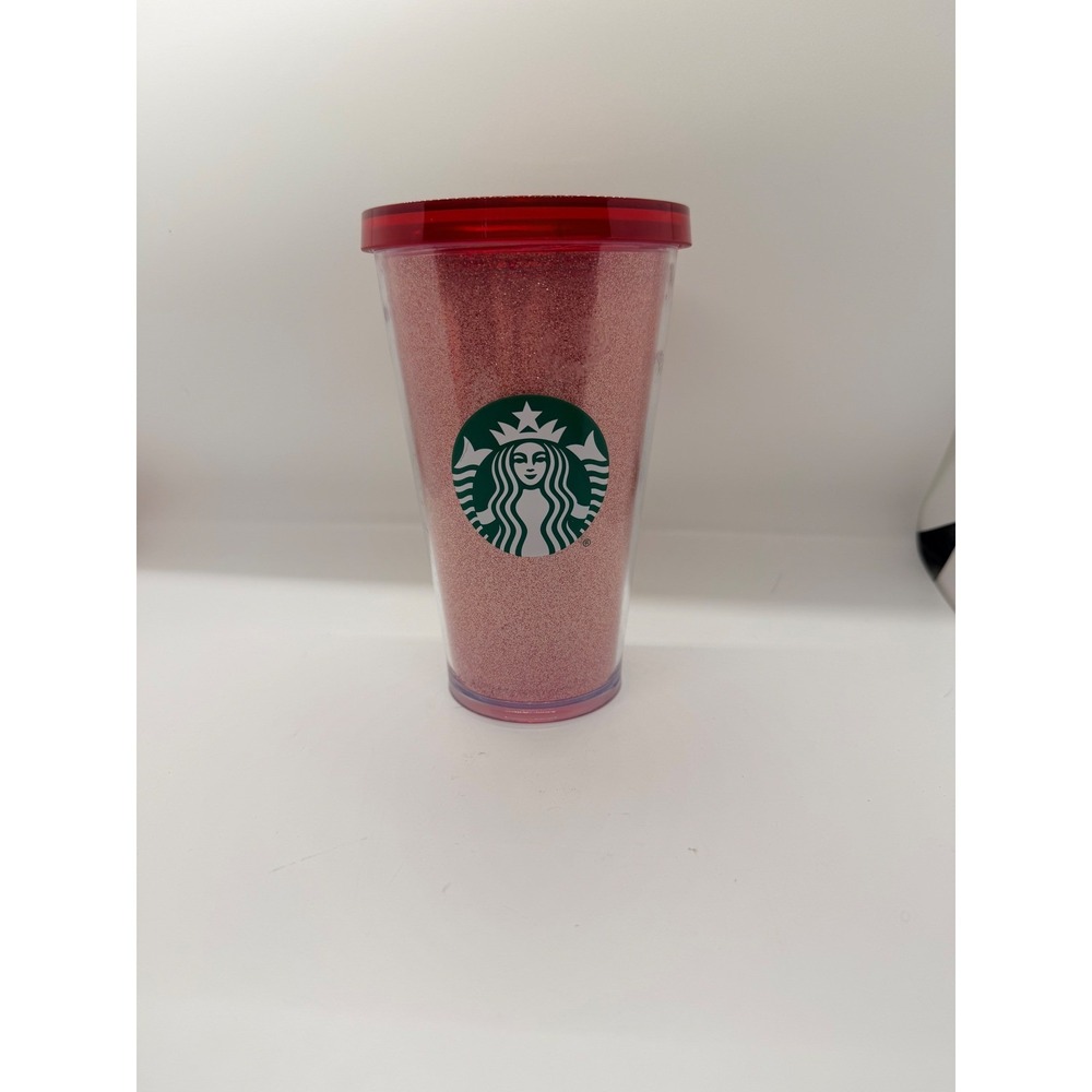 Starbucks 16oz Pink Glitter Cold Cup Tumbler Red Lid Double Wall Acrylic 2014